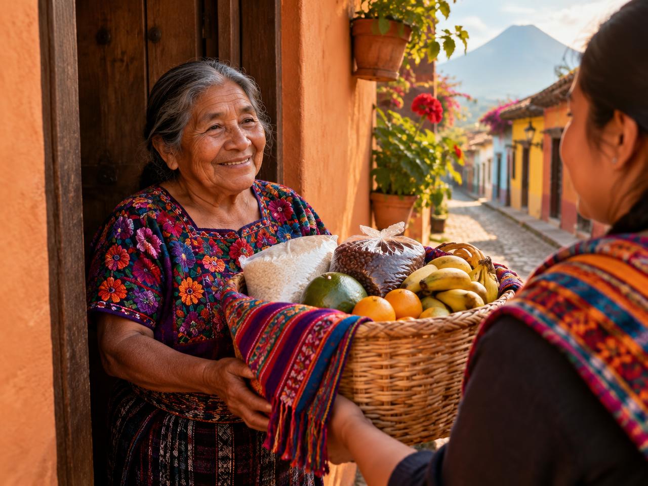 Abuelita recibiendo una canasta de víveres en su casa